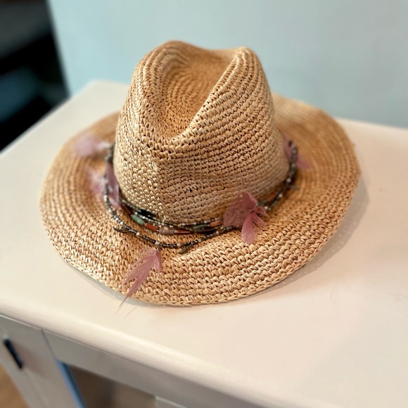 Ale by Alessandra Arabella Raffia Feather Beaded Cowboy Hat UPF 40 Tan One Size - Picture 2 of 11